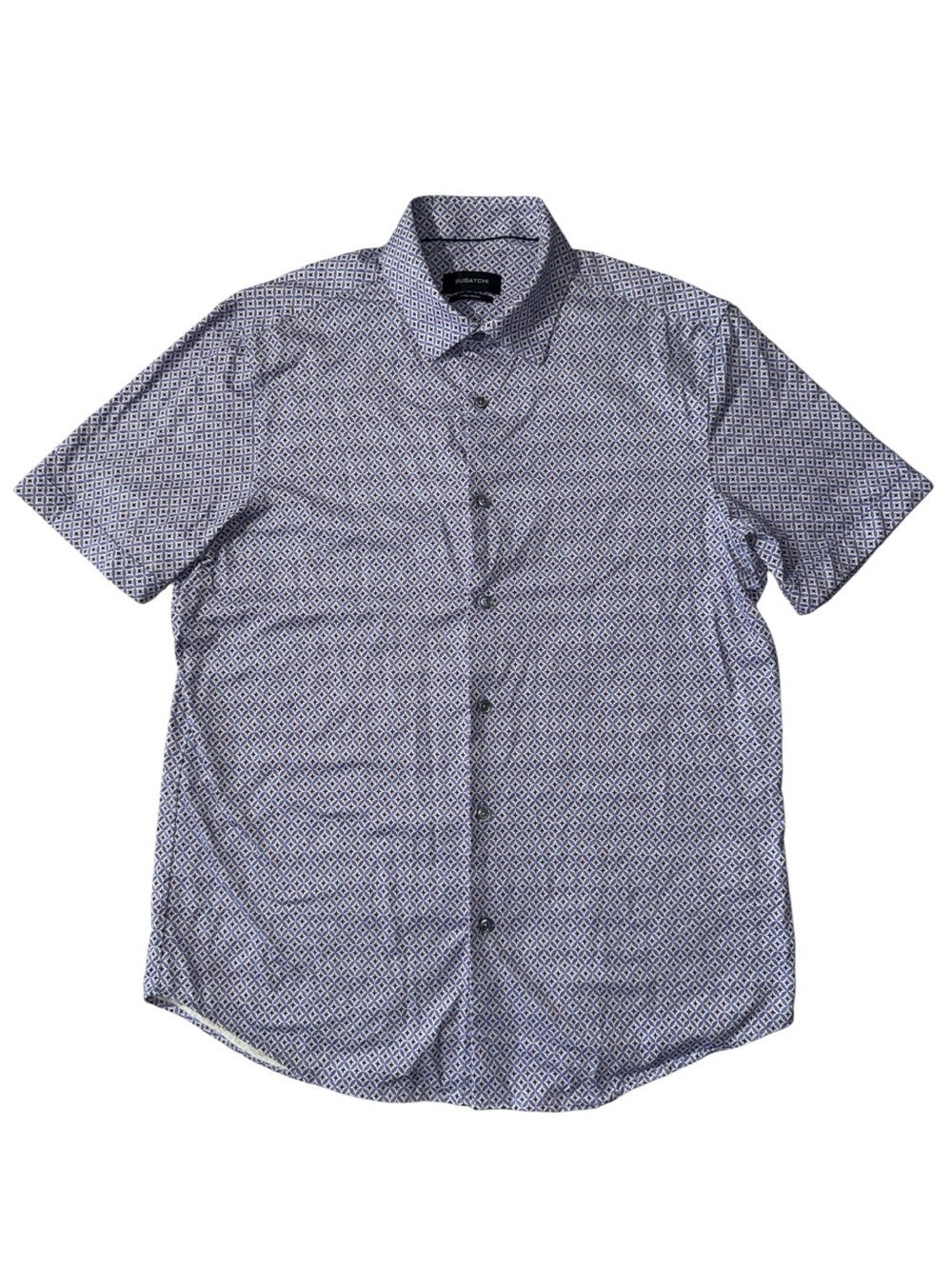 Bugatchi mens L Large purple geometric 8 way stretch knit button up shirt EUC
